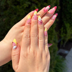 Vibrant Garden Nails, 3D Flower, ladybugs and hand drawn strawberries Press-On Nails, Spring Summer Nail Art, Red and Yellow Polka Dot Nails