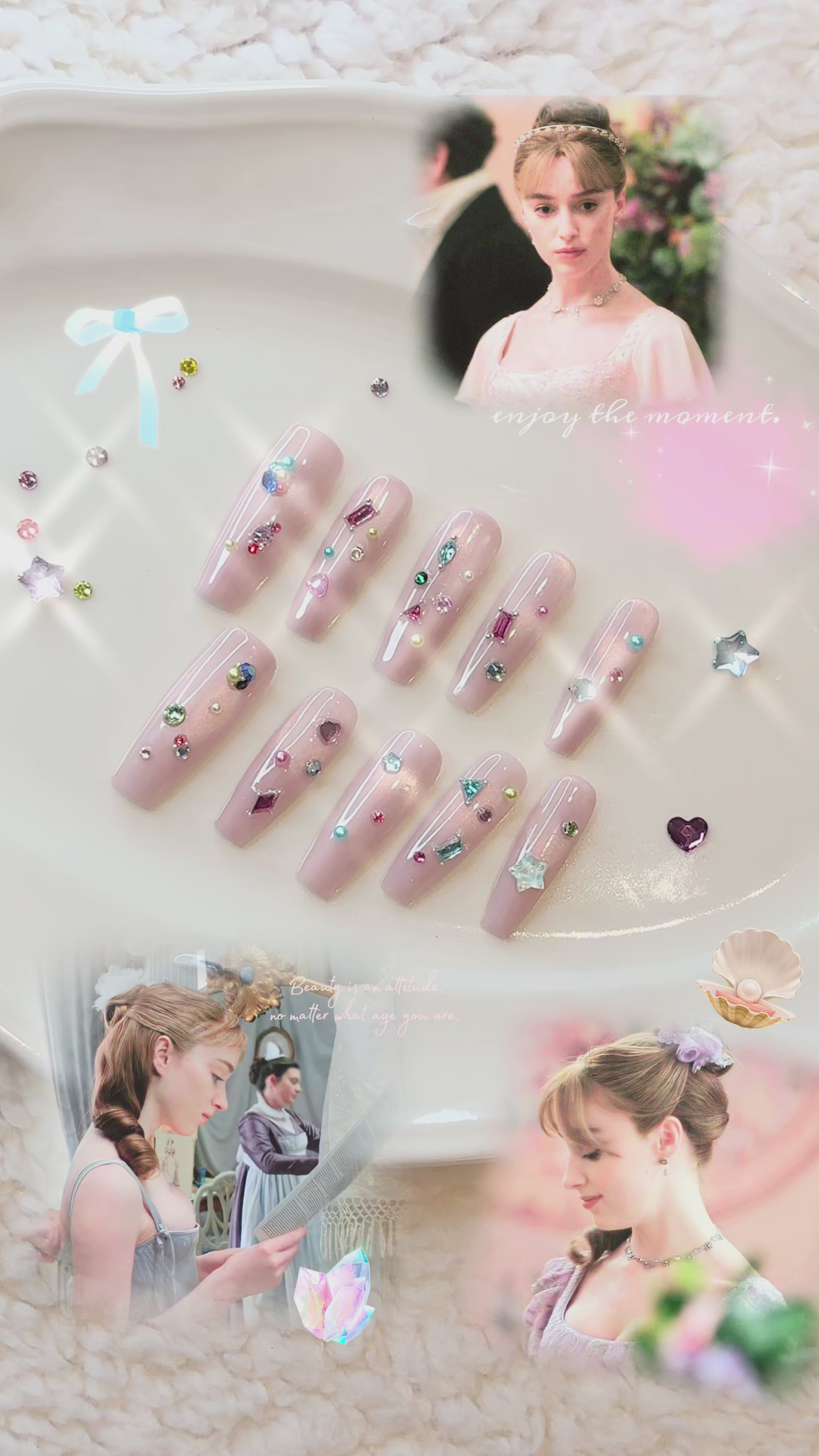 Decorative nails with colorful gemstones on a white background. luxury handmade press-on nail tips with Swarvoski. inspired by Bridgerton on Netflix