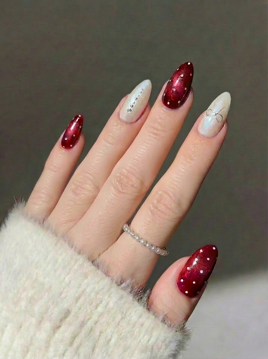 Crimson Sweetheart | Jam-Red & Pearly Ivory Press-On Nails
