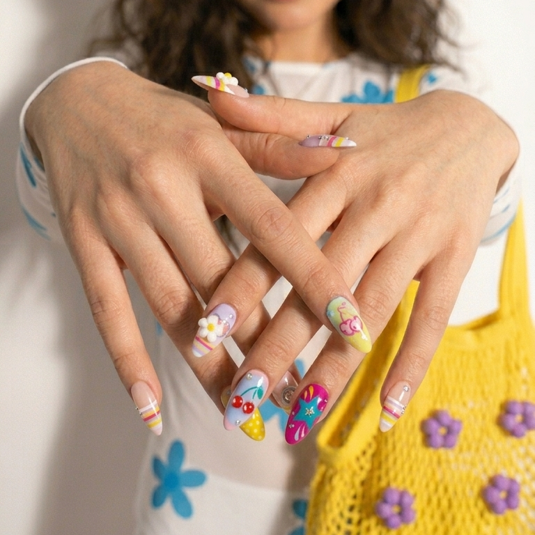 Level up your look with "Sugar Rush" from our Y2K Collection. Featuring a mismatched explosion of 3D cherry charms, hand-sculpted white flowers, rainbow candy stripes, and silver star rhinestones, these handmade luxury press-on nails deliver pure early-2000s main character energy.